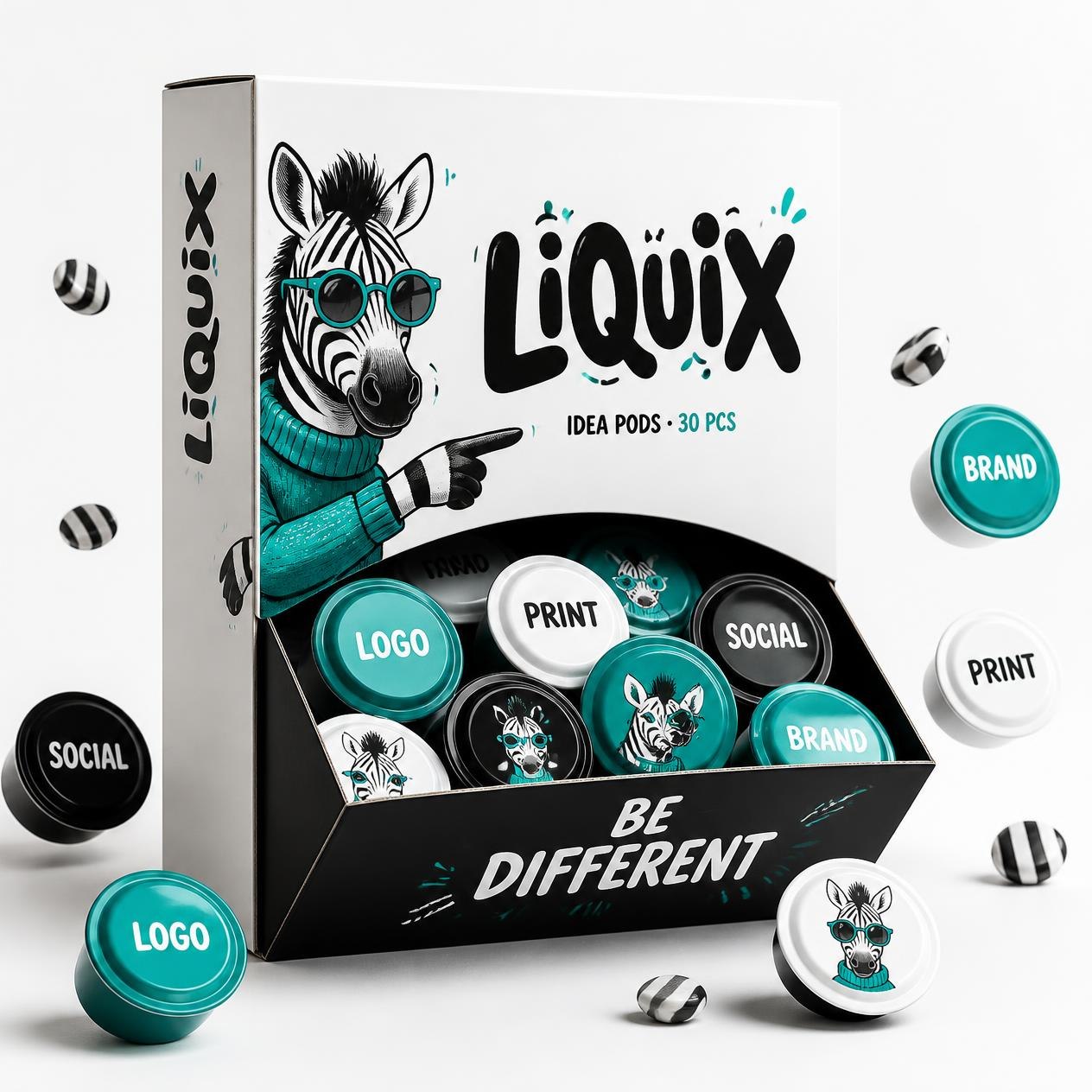 Промо кутия LIQUIX Idea Pods със зебрата и капсули с услугите