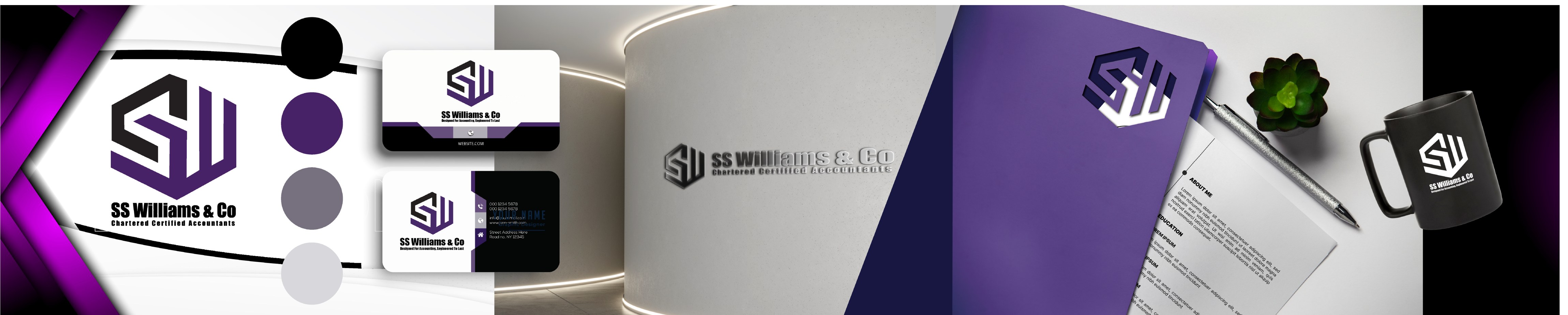 Визията на SS Williams & Co върху визитки, папка и чаша