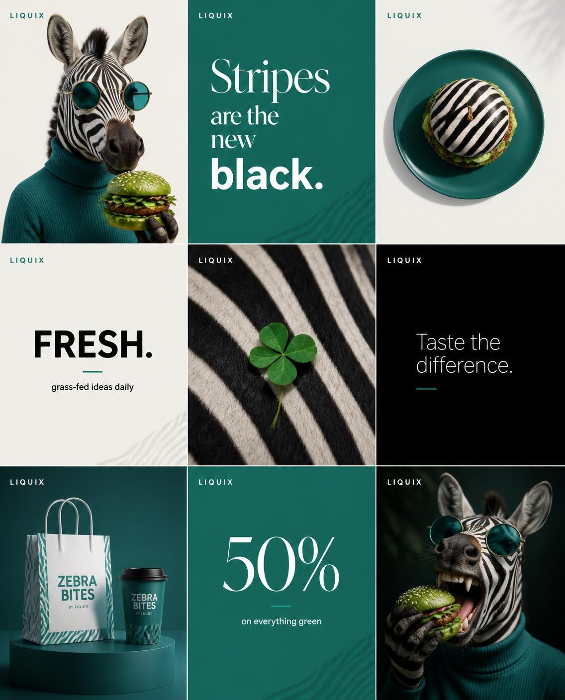 Instagram профил за концепцията Zebra Bites: редуващи се снимки със зебрата и текстови постове