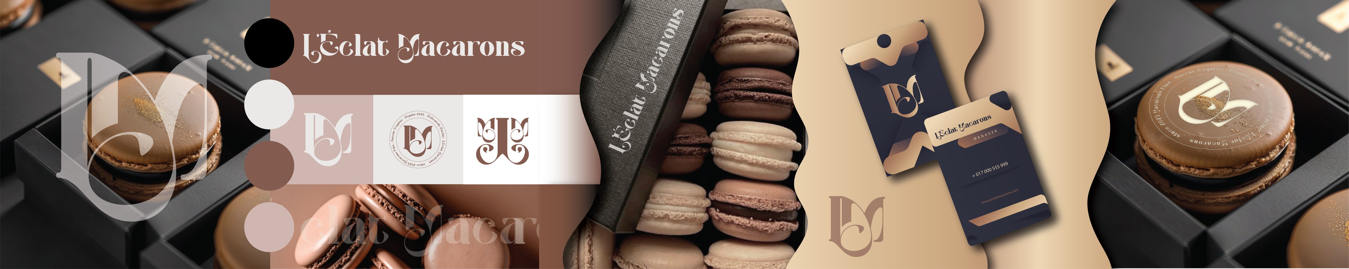 Логото и визията на L’Éclat Macarons върху кутии, визитки и макарони